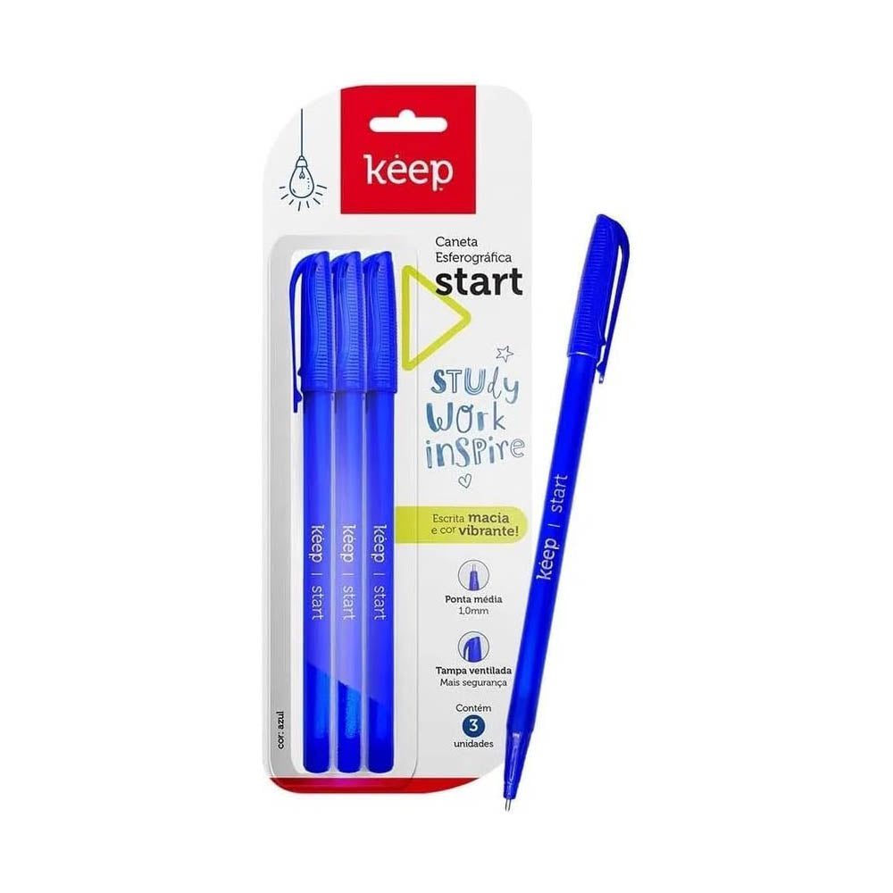 Caneta Esferográfica Keep Ponta Media 1.0mm Azul Blister C/ 3 Unidades - EI158