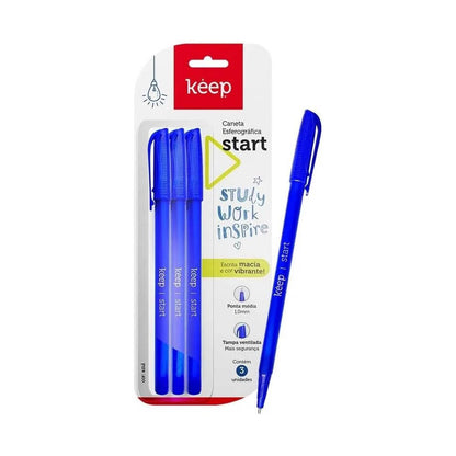 Caneta Esferográfica Keep Ponta Media 1.0mm Azul Blister C/ 3 Unidades - EI158