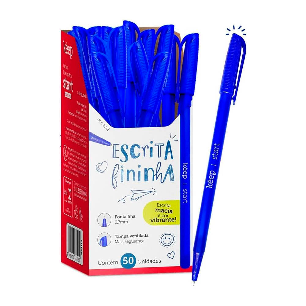 Caneta Esferográfica Ponta Fina 0,7mm c/ 50 Unidades Azul Keep - EI094