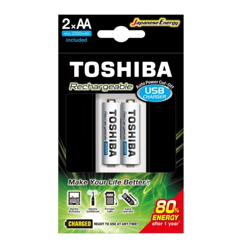 Carregador De Pilhas USB Toshiba C/ 2 Pilhas AA 2000Mah - TNHC-6GME2 CB