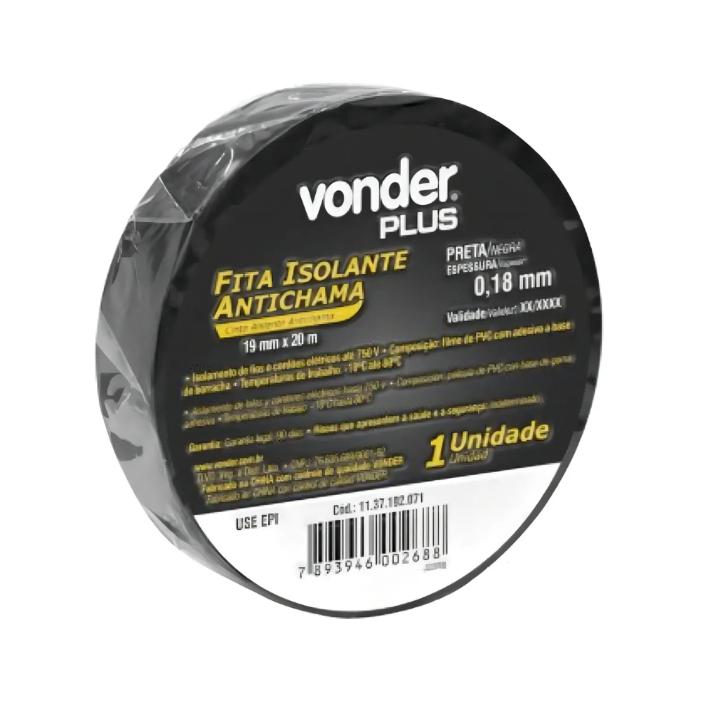 Fita Isolante 19mm x 20M Vonder Preta