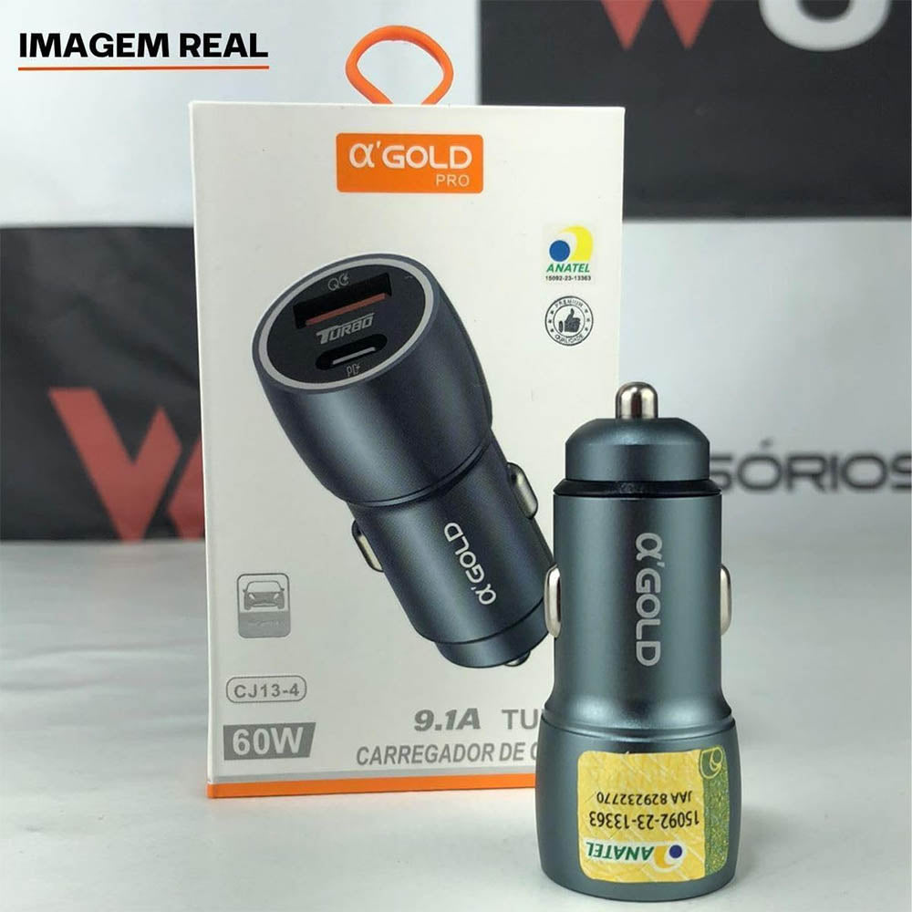Carregador Veicular aGold C/ 1 Saída USB + 1 USB-C 9.1A Turbo 60W Preto - CJ13-4