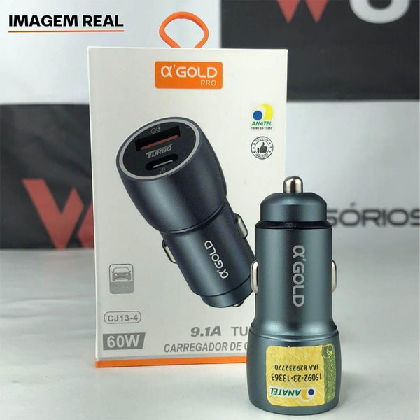 Carregador Veicular aGold C/ 1 Saída USB + 1 USB-C 9.1A Turbo 60W Preto - CJ13-4