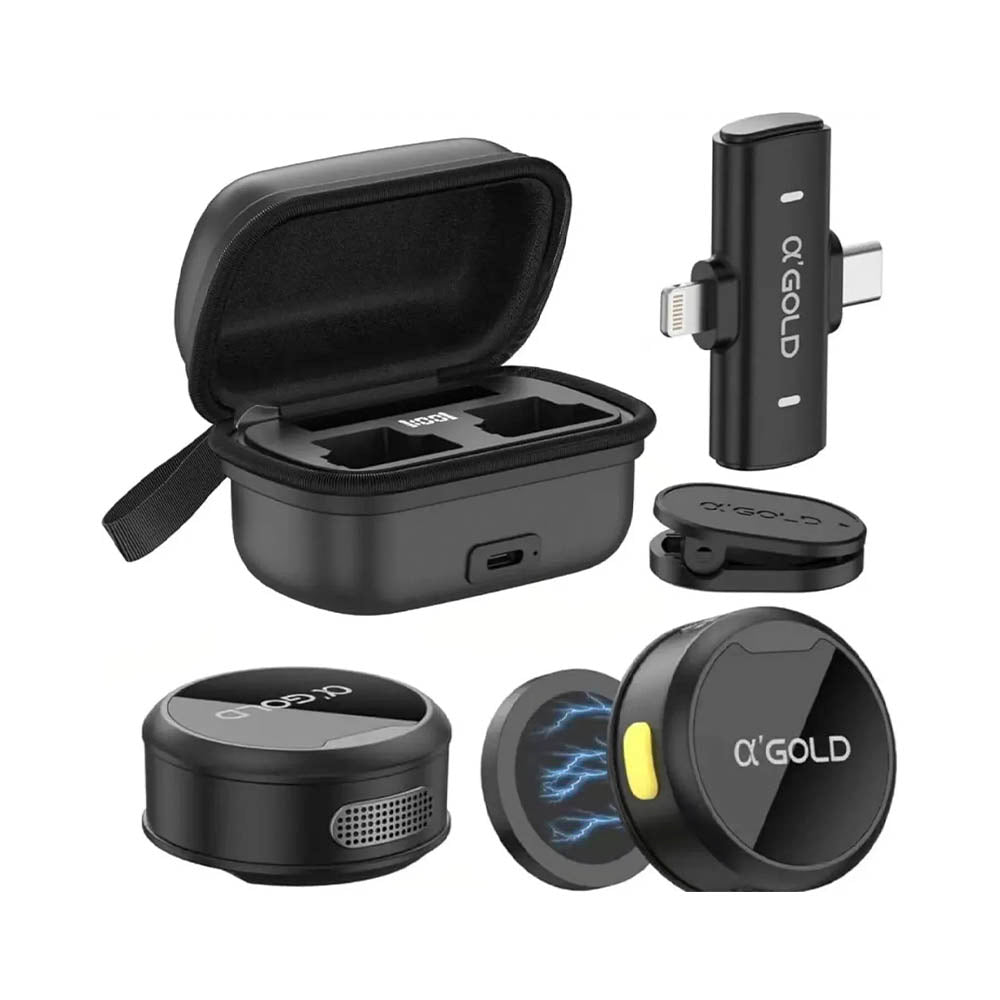 Kit C/ 2 Microfones Sem Fio Magnético Lapela Tipo-C e Lightning aGold C/ Base e Redução de Ruído - MCF-38