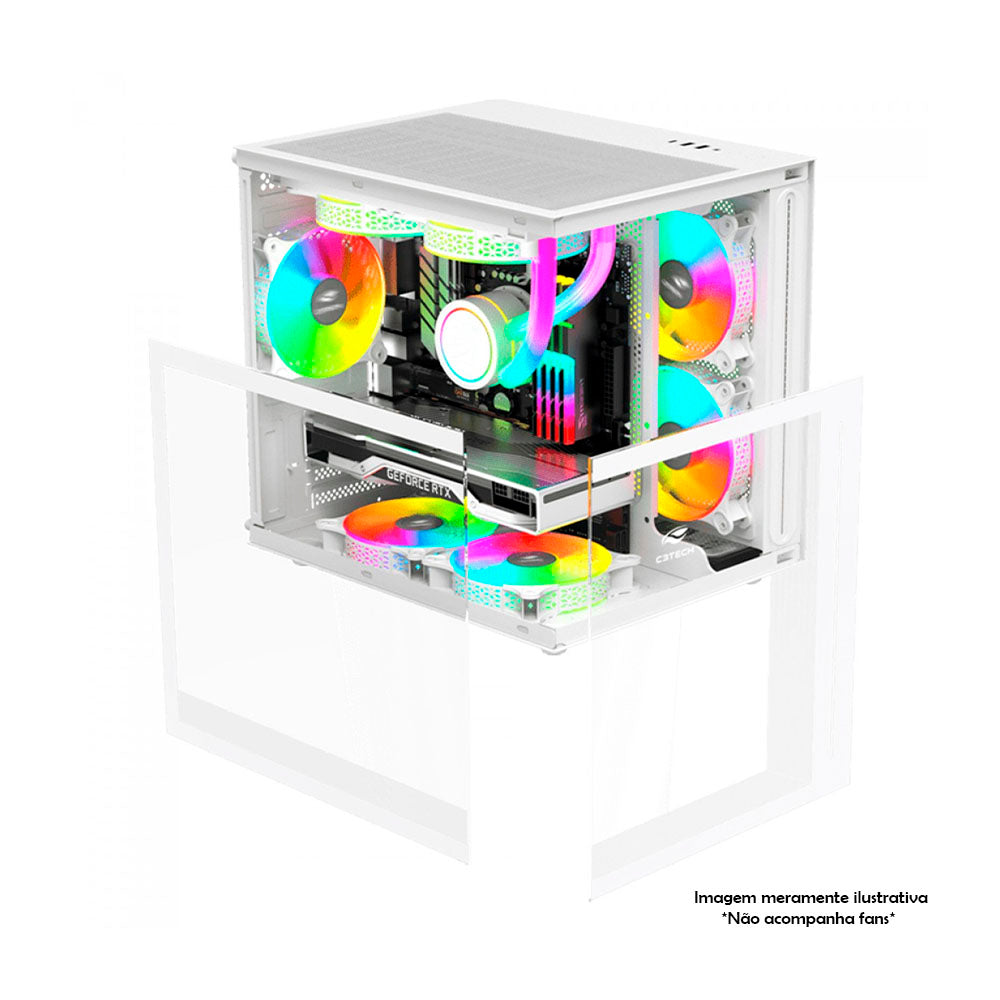 Gabinete Gamer C3Tech Aquarius Mid Tower C/ Frente e Lateral em Vidro Temperado e RGB S/ Fonte Branco - MT-G810WH