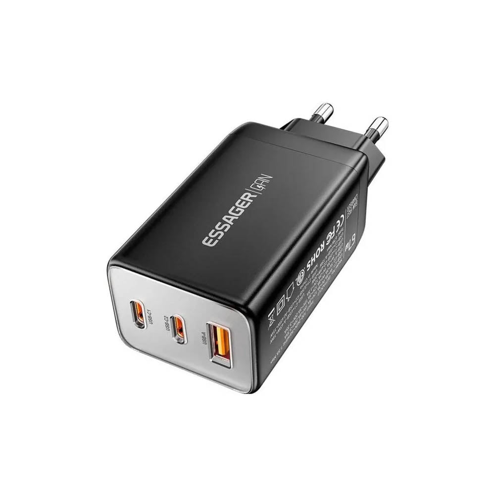 Carregador De Parede com 2 Saídas Usb-C + 1 Saída USB-A  67W  Essager Preto - ECT67W-LJB01-Z