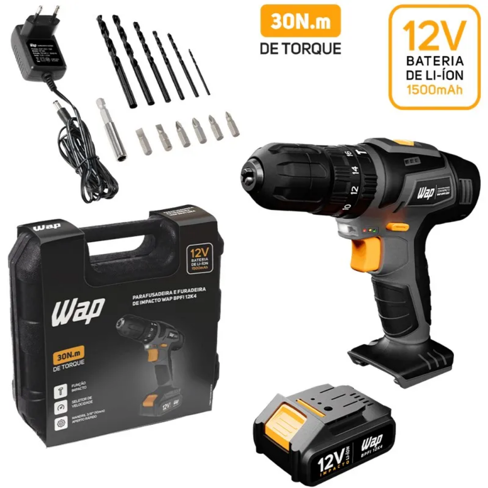Parafusadeira e Furadeira de Impacto C/ Bateria Wap 12V - BPFI 12K4