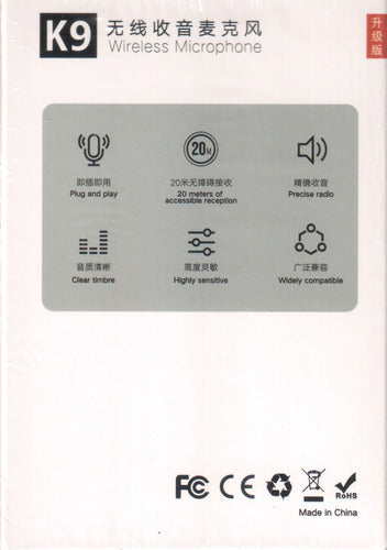 Microfone Sem Fio C/ 2 Microfones Wireless Lapela Tipo C K9