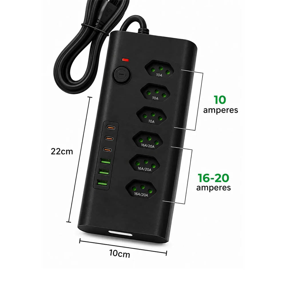 Filtro de Linha 6 Tomadas 20A , 3 Usb, 3 Usb Tipo C 2mts  Preto