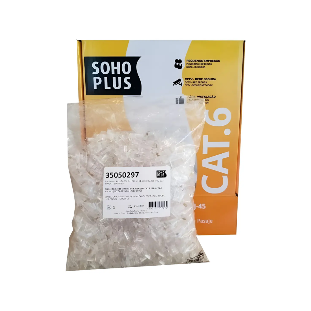 Conector Macho RJ45 De Passagem Cat 6 Sohoplus - Kit C/ 500 - 35050297