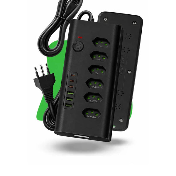 Filtro de Linha 6 Tomadas 20A , 3 Usb, 3 Usb Tipo C 2mts  Preto