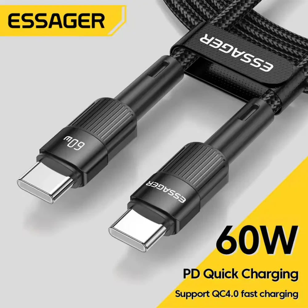 Cabo de Dados Usb Tipo C Macho 2mts Essager Nylon Preto 60W - EXCTT2-XCA01