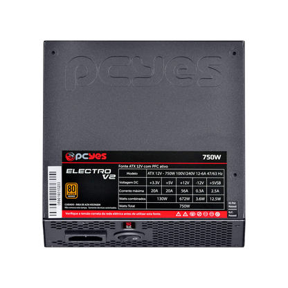 Fonte Real Atx 750w Electro V2 Series PCYes 80 Plus Pfc Ativo - ELECV2PTO750W