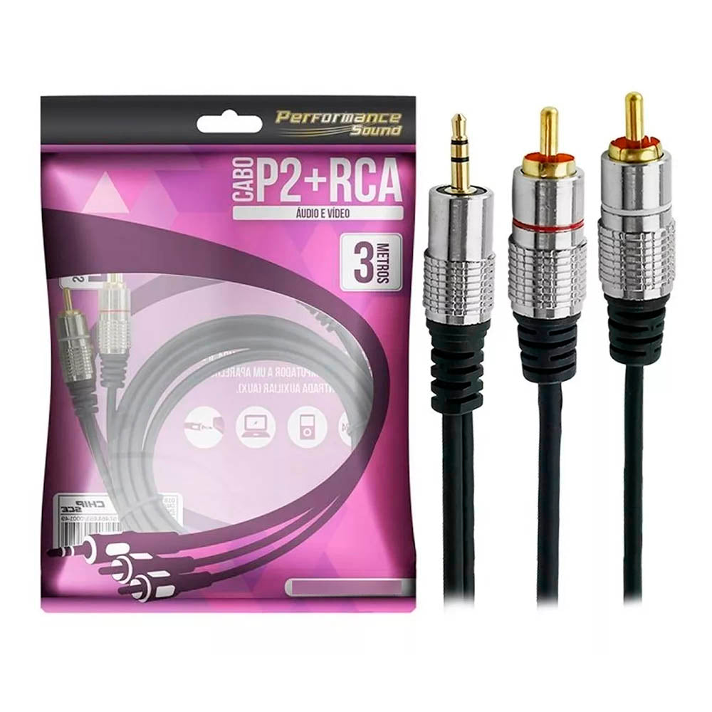 Cabo de Áudio 2 RCA Macho Para P2 3.5mm 3m