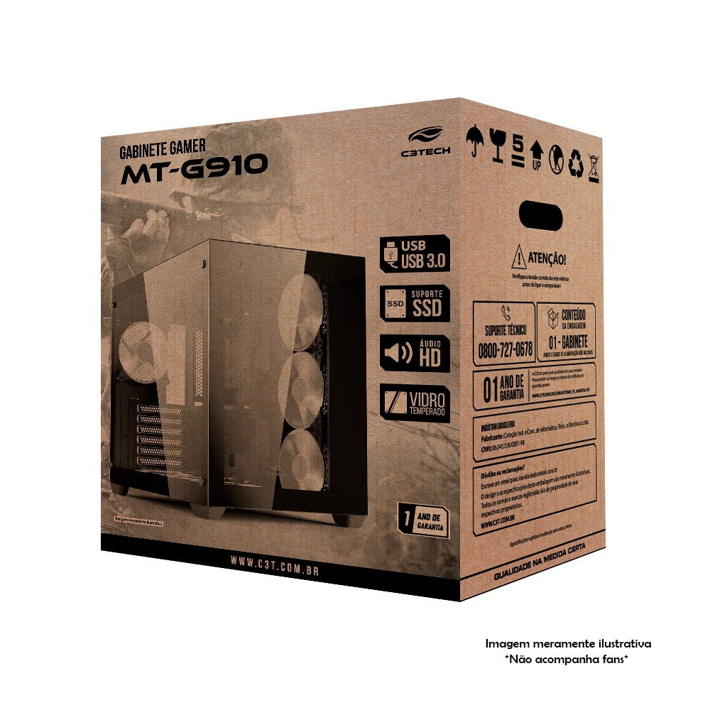Gabinete Gamer C3Tech Aquarius Mid Tower Com frente e lateral em Vidro Temperado S/ Fonte Preto - MT-G910BK