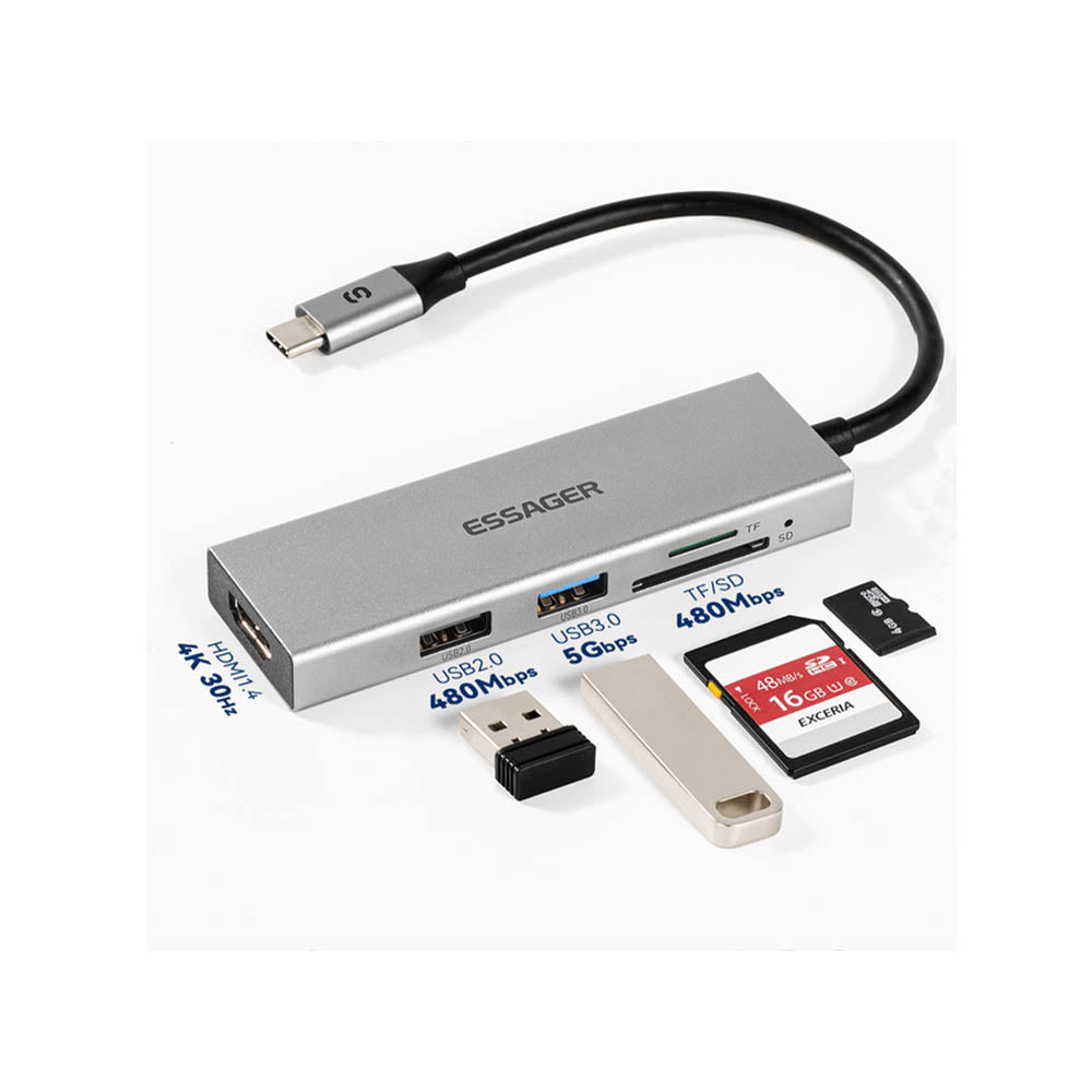Adaptador Essager USB-C para HDMI/VGA/4 USB/RJ45/P2/SD EHBC05-FH0G-P
