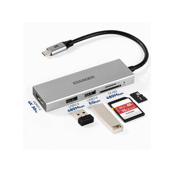 Adaptador Essager USB-C para HDMI/VGA/4 USB/RJ45/P2/SD EHBC05-FH0G-P