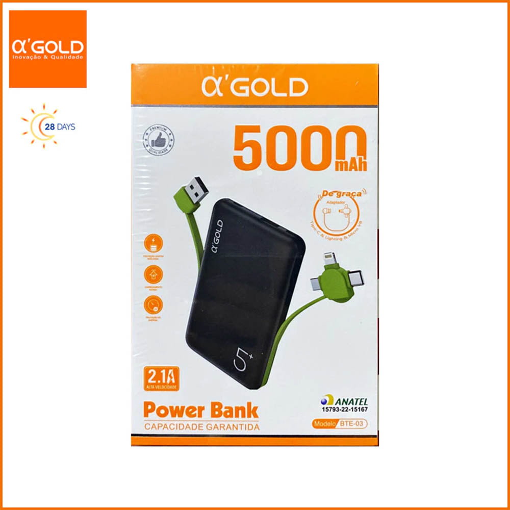 Carregador Portátil Power Bank AGold 5000Mah Multiconexões 2.1A - BTE-03