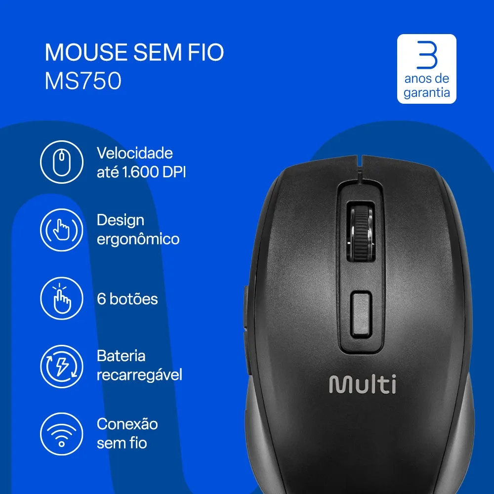 Mouse Sem Fio Recarregável Bluetooth + Usb Multi MS750 1600dpi Preto - MO403