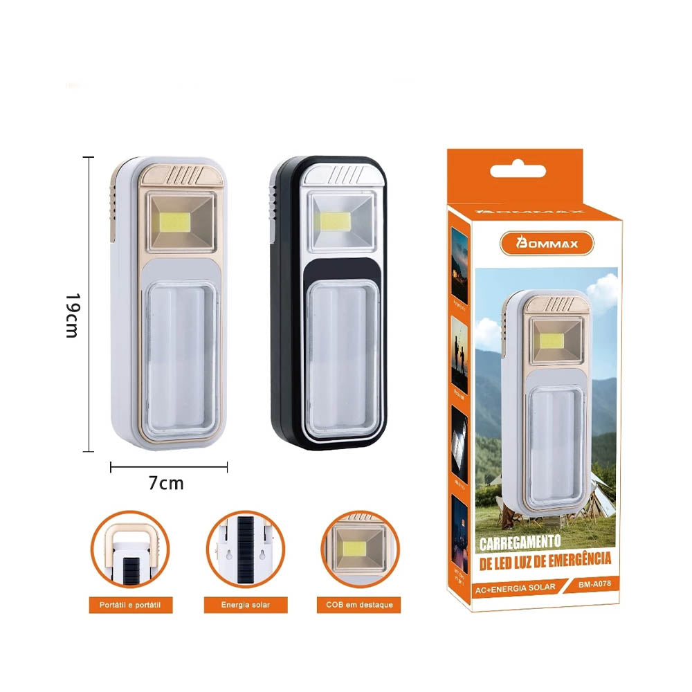 Lanterna Recarregável / Luz de Emergência Led Portátil Recarregável AC + Energia Solar Bommax - BM-A078