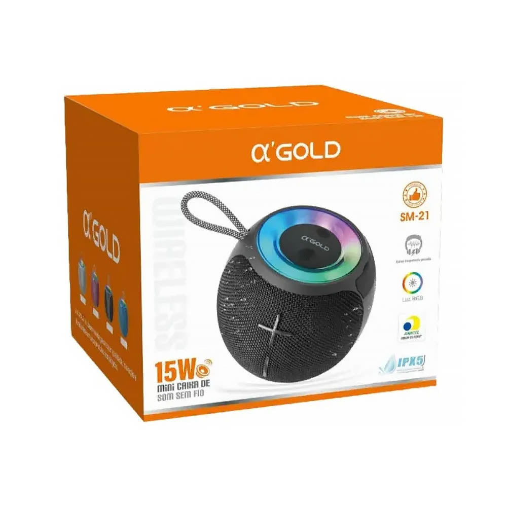 Caixa de Som Mini Portátil Bluetooth aGold 15W IPX5 RGB  - SM-21