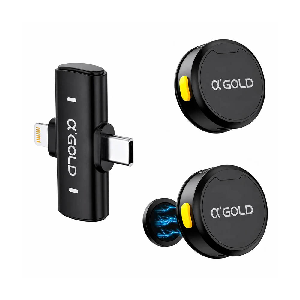 Kit C/ 2 Microfones Sem Fio Magnético Lapela Tipo-C e Lightning aGold C/ Base e Redução de Ruído - MCF-38