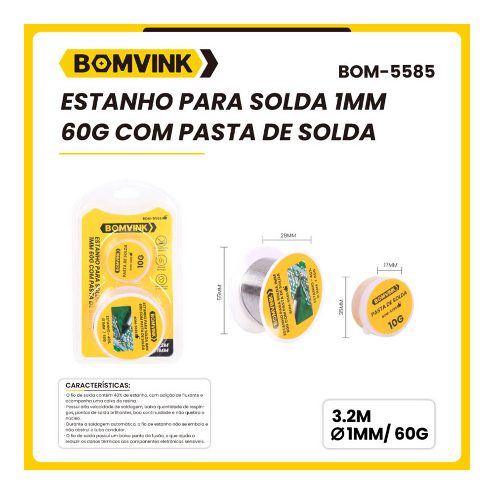 Solda em Fio BomVink 1mm 60g C/ Pasta de Solda 10g - BOM-5585 Truedata
