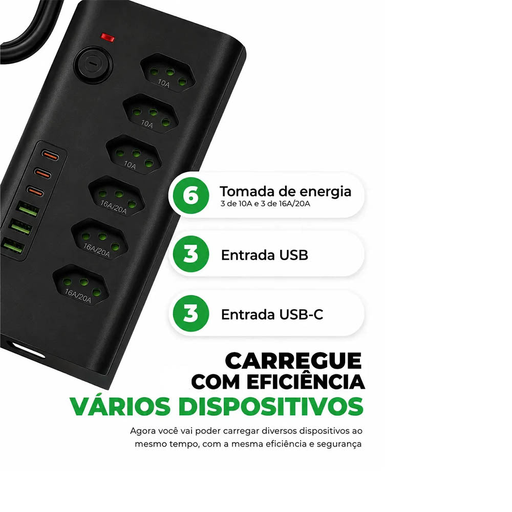 Filtro de Linha 6 Tomadas 20A , 3 Usb, 3 Usb Tipo C 2mts  Preto