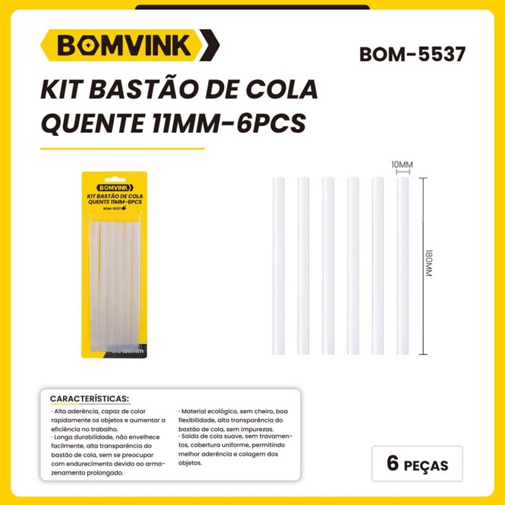 Kit Refil Bastão de Cola Quente 11mm - 6 Peças Bomvink - BOM-5537