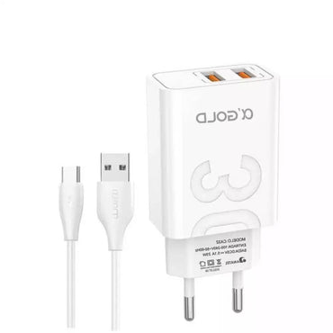 Carregador De Parede aGold Usb Tipo C Turbo C/ 2 Usb 5.1A Branco - CA32-3 /Tipo-C