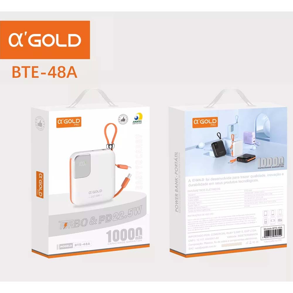 Carregador Portátil Power Bank AGold 10000Mah Turbo e PD Usb Tipo C e Lighting Branco - BTE-48A