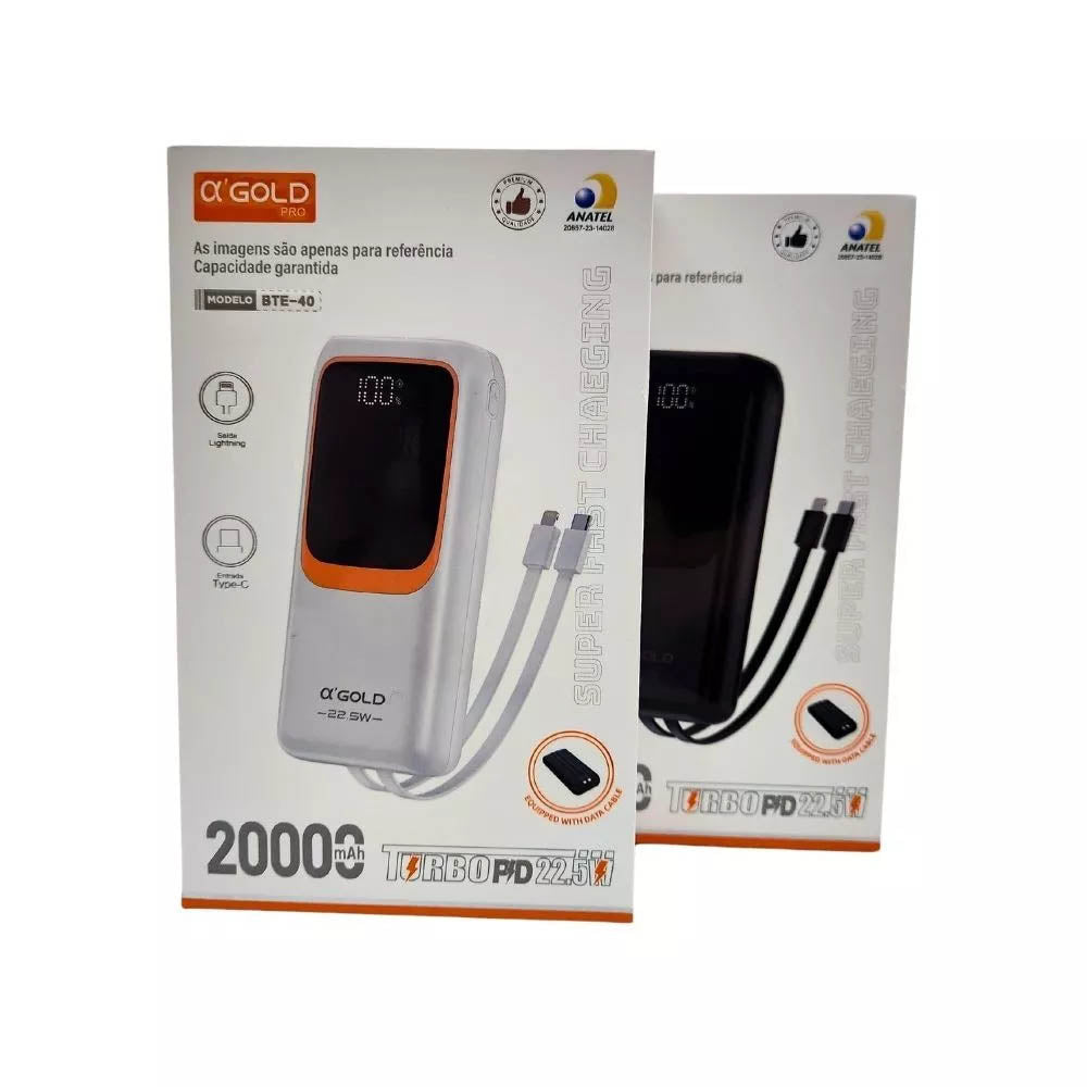 Carregador Portátil Power Bank AGold 20000Mah Turbo PD 22.5W Usb Tipo C e Lighting Preto - BTE-40