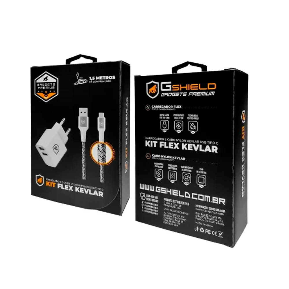 Kit Carregador de Parede Flex 2 USB + Cabo Nylon Kevlar Branco USB Tipo C 1,5m GShield - GS-8348