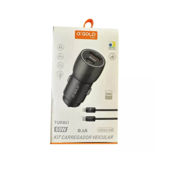 Carregador Veicular aGold C/ 1 Saída USB + 1 USB-C 9.1A Turbo 60W Preto - CJ13-2