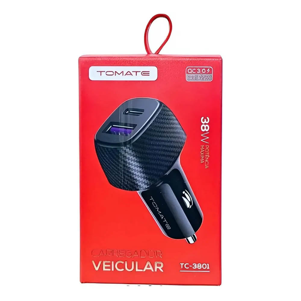 Carregador Veicular Tomate C/ 2 Saídas 38w USB 3.1A Tipo C - TC-3801