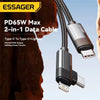 Cabo de Dados  2 em 1 USB-C p/ USB-C/Lightning  Essager 65w 1Mt Nylon Cinza - EXCTTL-WL0G-P
