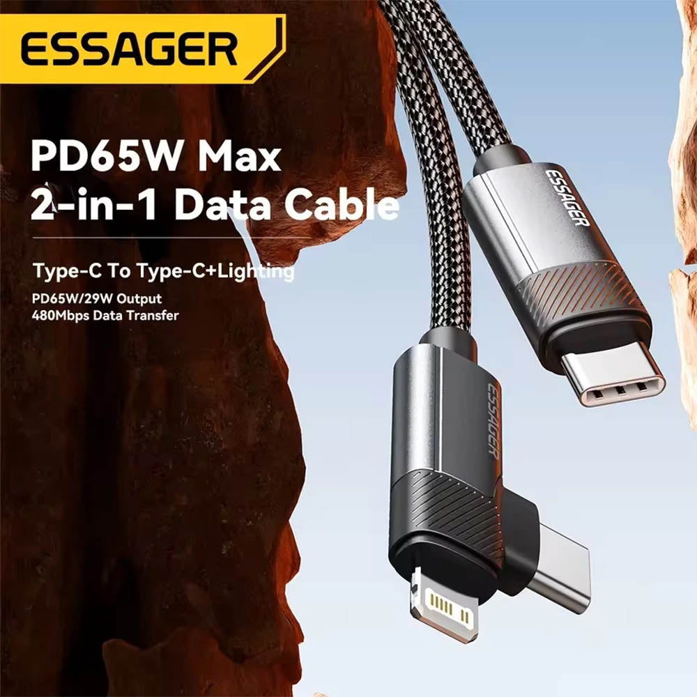 Cabo de Dados  2 em 1 USB-C p/ USB-C/Lightning  Essager 65w 1Mt Nylon Cinza - EXCTTL-WL0G-P