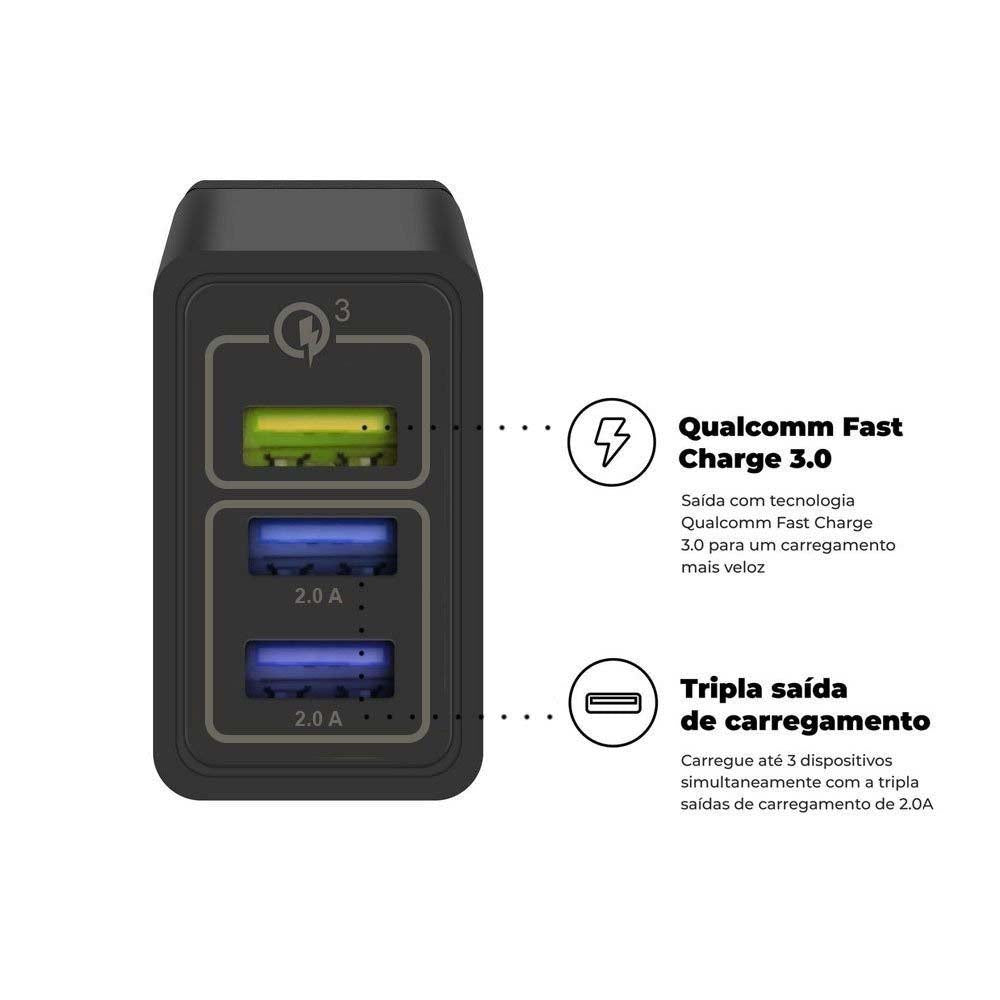 Carregador De Parede GShield Triplo USB Turbo 18W Preto S/ Cabo - NFQRZ4M4Y-IP