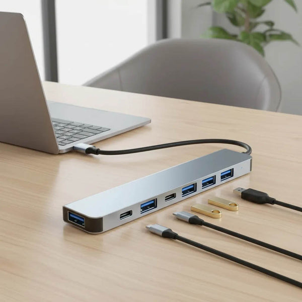 Hub Usb e Usb Tipo C 7 Portas 3.0 Super Speed 7 em 2 Corpo em Aluminio