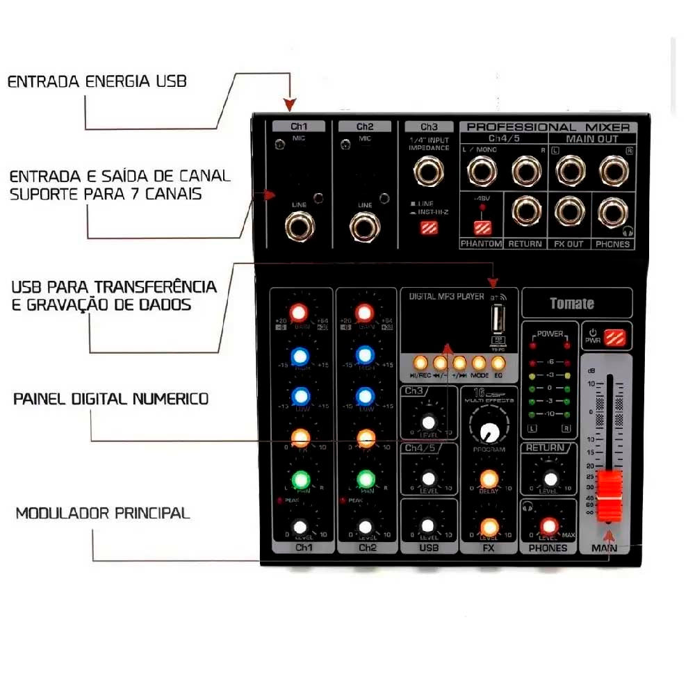 Mesa De Som Tomate USB Mixer 5 Canais TYT-005
