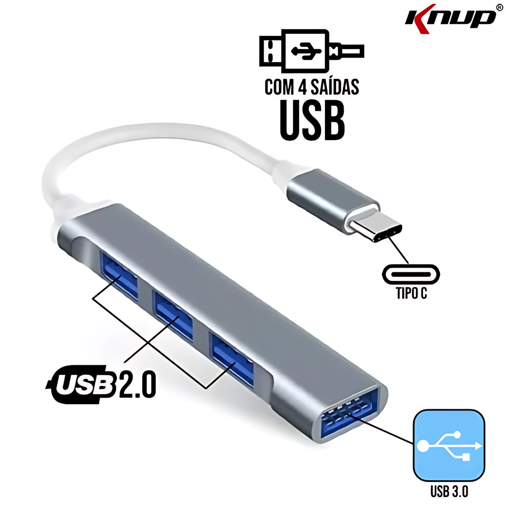 Hub Usb Tipo C 4 Portas USB 3.0 e USB 2.0 Knup - KP-HB504