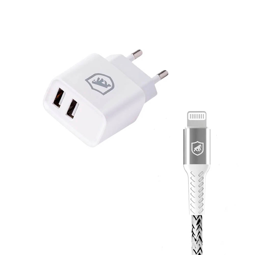 Kit Carregador de Parede Flex 2 USB + Cabo Nylon Kevlar Branco USB Lightning 1,5m GShield - GS-8345