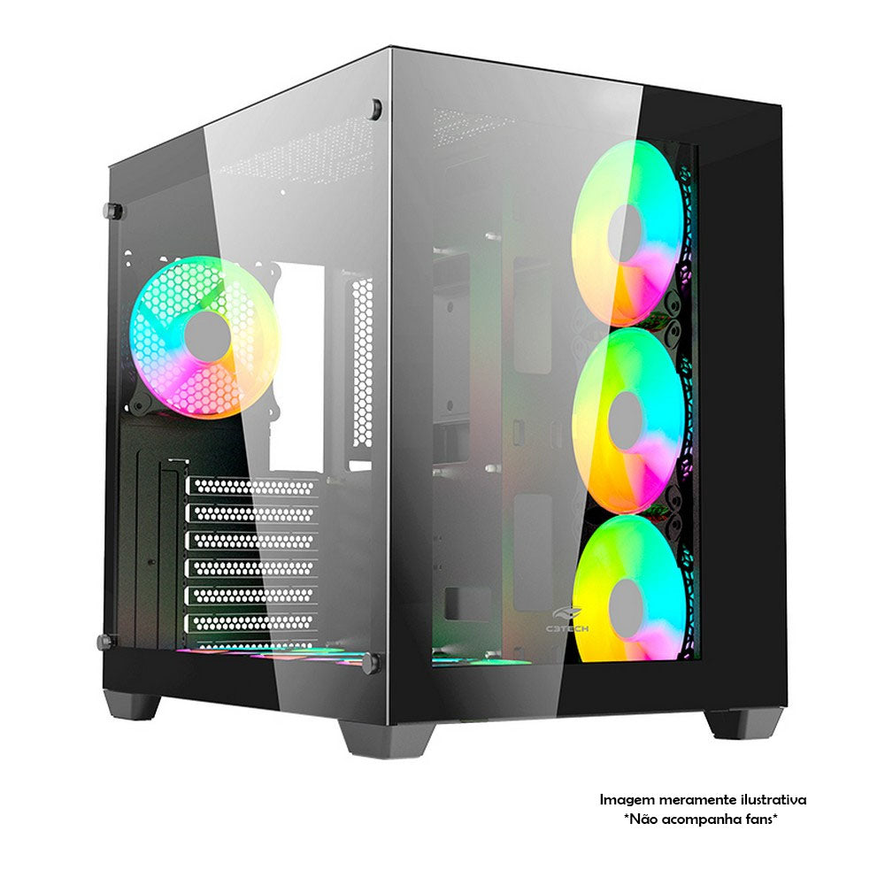 Gabinete Gamer C3Tech Aquarius Mid Tower Com frente e lateral em Vidro Temperado S/ Fonte Preto - MT-G910BK