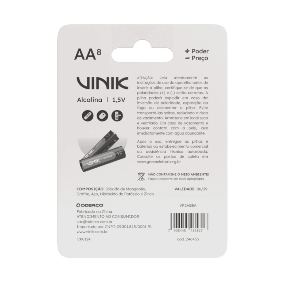 Pilha Alcalina AA Vinik Cartela C/8 Pilhas - VP2AB8A