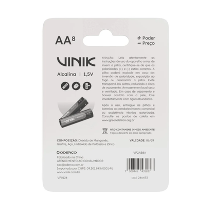 Pilha Alcalina AA Pequena Vinik Cartela C/8 Pilhas - VP2AB8A