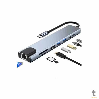Adaptador Hub USB Tipo C 2 Portas Usb 2.0/3.0 + 2 Usb Tipo C + Leitor de Cartão SD /TF + HDMI + RJ45