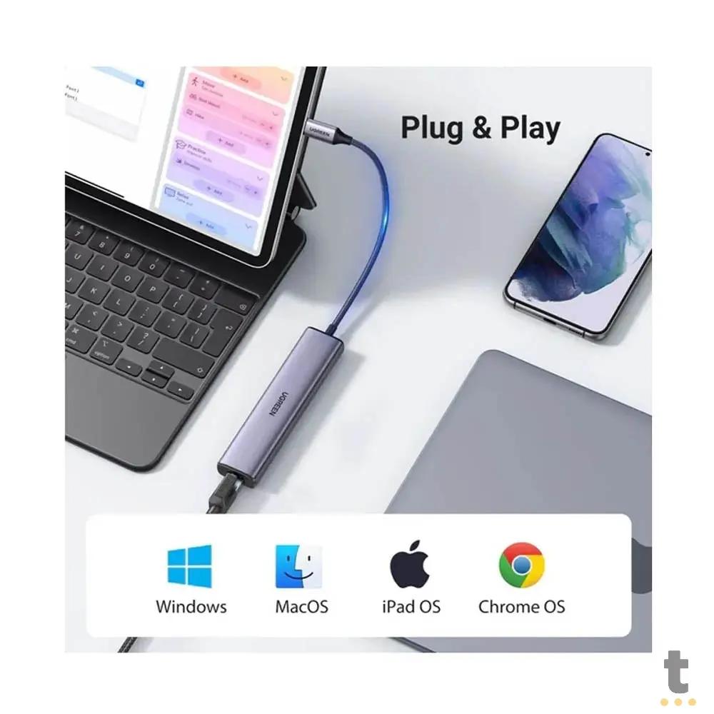 Adaptador Ugreen USB-C 3.1 para RJ45 Gigabit + USB CM475 Cinza Truedata