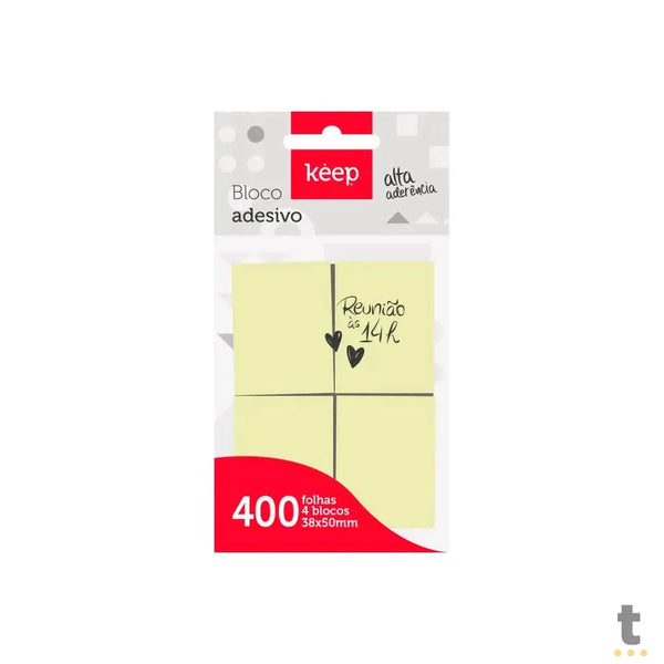 Bloco Adesivo 38x50mm Amarelo c/ 400 Folhas (4 Blocos) Keep - EI013