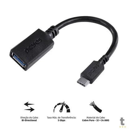 Cabo Adaptador Otg Usb Femea Para Usb Tipo C Macho 3.0 15cm PCYes Preto - P3AMUP-15 Truedata