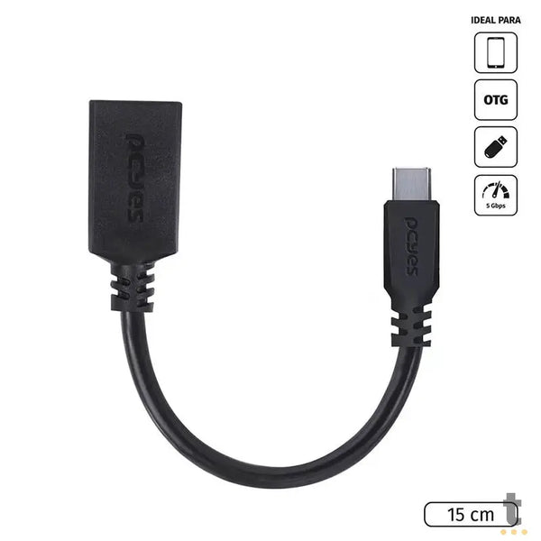 Cabo Adaptador Otg Usb Femea Para Usb Tipo C Macho 3.0 15cm PCYes Preto - P3AMUP-15